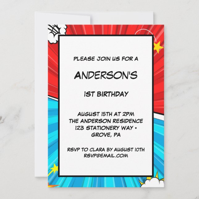 Comic Theme First Birthday Invitation (Front)