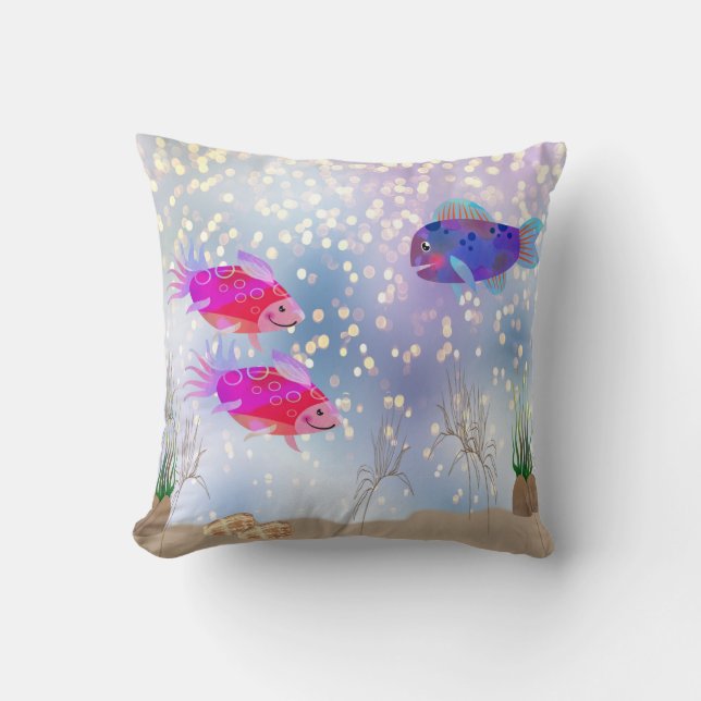 Comical Fish Bubbles & Sea Grasses Throw Pillow (Front)