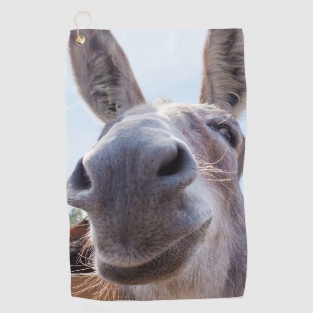 Comical Grey Smiling Donkey Golf Towel (Front)