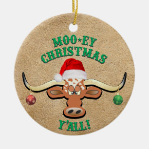 Comical Longhorn Steer Ceramic Ornament