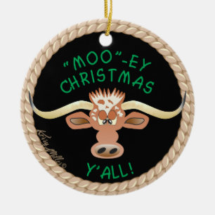 Comical Longhorn Steer Ceramic Ornament