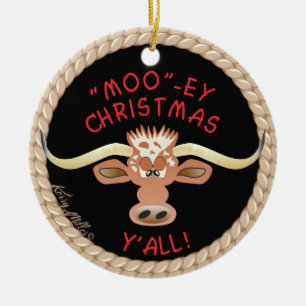 Comical Longhorn Steer Ceramic Ornament