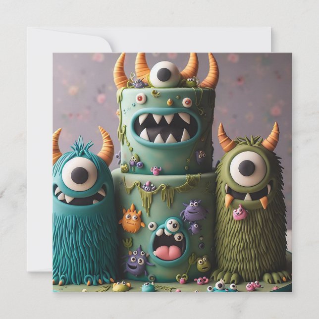 COMICAL ODDBALL KOOKY  MONSTER CAKE BIRTHDAY INVITATION (Front)