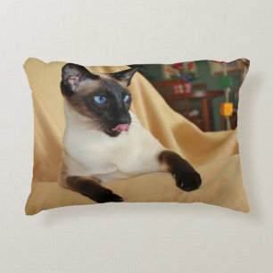 Comical Seal Point Siamese Cat Licking It's Nose Decorative Pillow