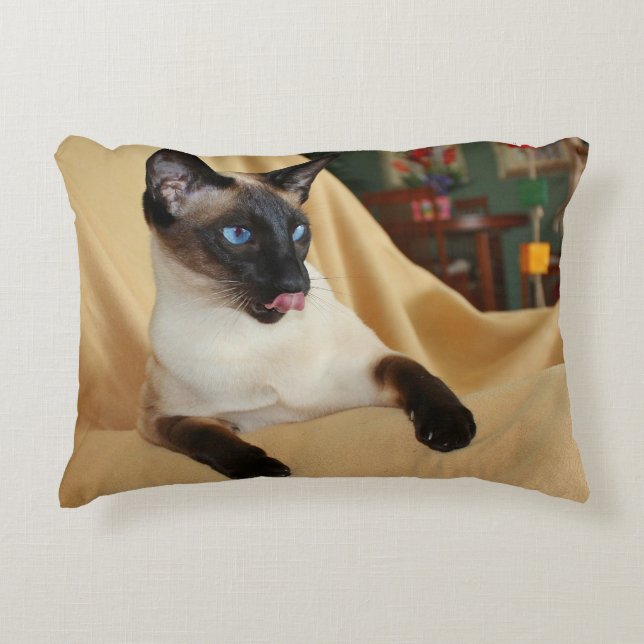 Comical Seal Point Siamese Cat Licking It's Nose Decorative Pillow (Front)