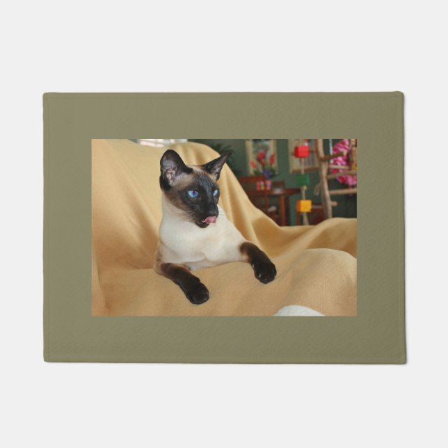 Comical Seal Point Siamese Cat Licking It's Nose Doormat (Front)