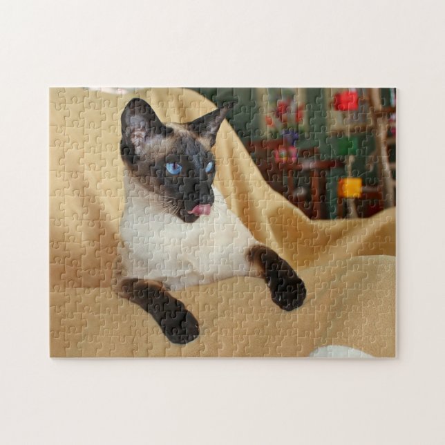 Comical Seal Point Siamese Cat Licking It's Nose Jigsaw Puzzle (Horizontal)