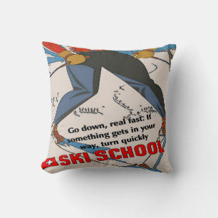 Comical Ski School Throw Pillow