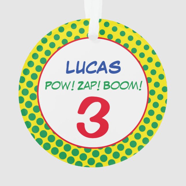 Comics Superhero Dots Kids Birthday PHOTO NAME Age Ornament (Back)