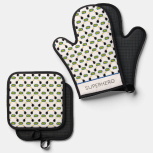 Comics SUPERHERO Pattern Boom Bomb Fun Oven Mitt & Pot Holder Set