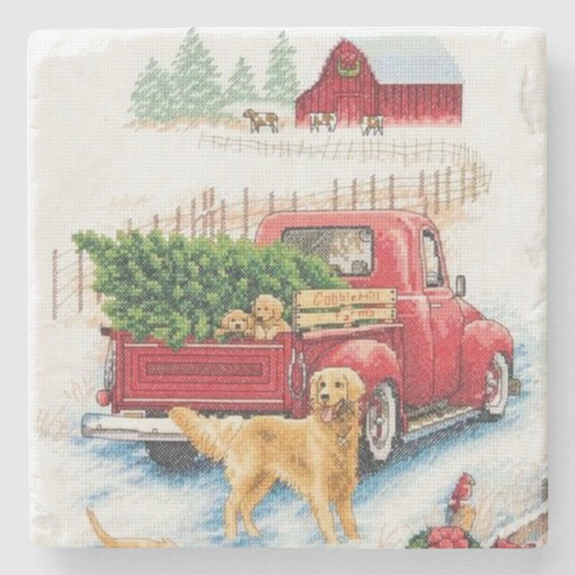 Coming Home with a Christmas Tree Needlepoint Stone Coaster (Front)