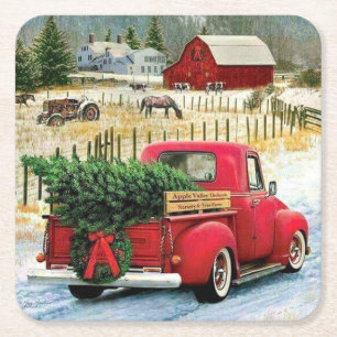 Coming Home with a Christmas Tree Square Paper Coaster