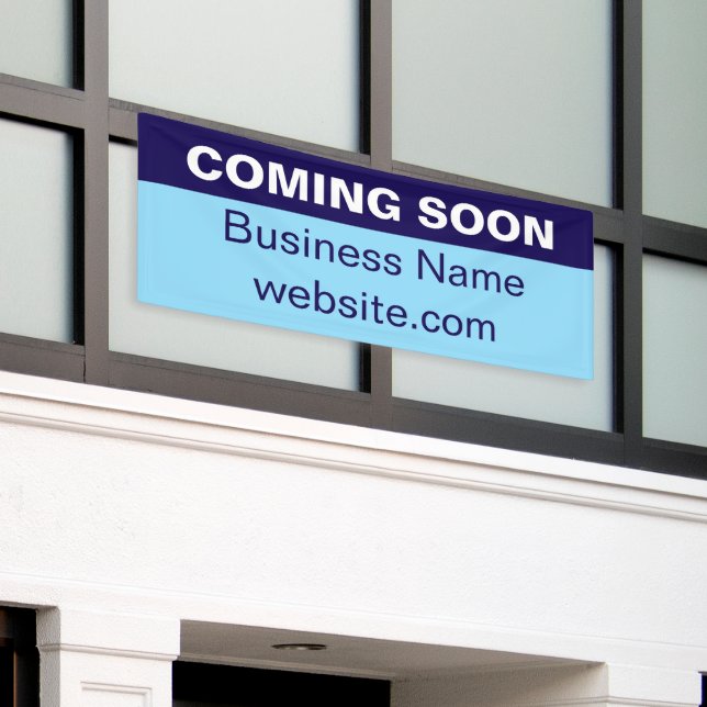 Coming Soon Light and Dark Blue White New Business Banner (Outside Building)