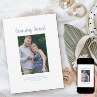 Coming Soon Photo Blue Brush Script Pregnancy