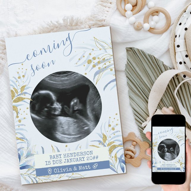Coming Soon Ultrasound Photo Blue Gold Foliage Announcement (Creator Uploaded)