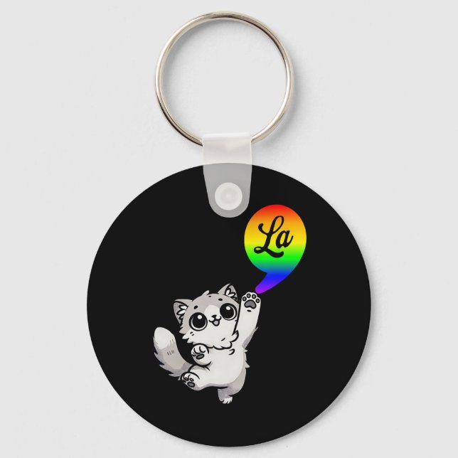 Comma-la With Cute Cat Kamala Rainbow Design  Keychain (Front)