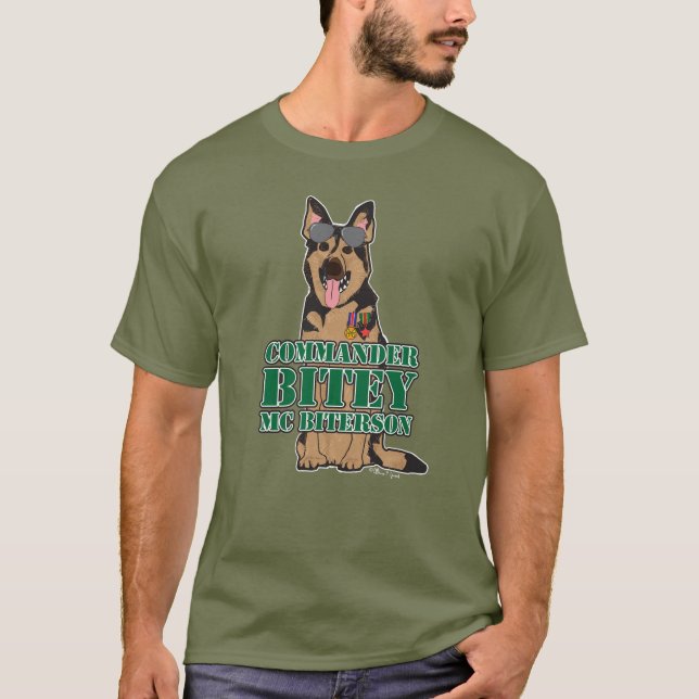 Commander Bitey McBiterson - German Shepherd T-Shirt (Front)