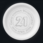 Commemorative 21st Birthday Celebration Paper Plate<br><div class="desc">Introducing our stylish commemorative birthday celebration party paper plates, designed to mark the special occasion of turning 21. These custom plates are personalized with the guest of honour's name and the date of their birthday, adding a personal touch to the celebration. The silvery grey printing exudes sophistication, signifying the transition...</div>