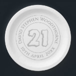 Commemorative 21st Birthday Celebration Paper Plate<br><div class="desc">Introducing our stylish commemorative birthday celebration party paper plates, designed to mark the special occasion of turning 21. These custom plates are personalized with the guest of honour's name and the date of their birthday, adding a personal touch to the celebration. The silvery grey printing exudes sophistication, signifying the transition...</div>