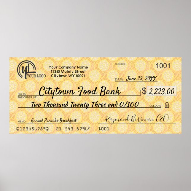 Commemorative 36x16 giant charity bonus faux check poster (Front)