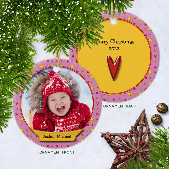 Commemorative Christmas Memories • Hearts & Stars Ceramic Ornament (Ceramic Photo Keepsake Christmas Ornament with Year)