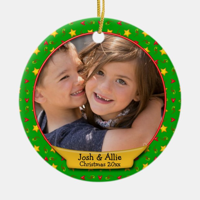 Commemorative Christmas Memories • Hearts & Stars Ceramic Ornament (Front)