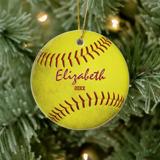 commemorative girls sports grungy yellow softball ceramic ornament (Tree)