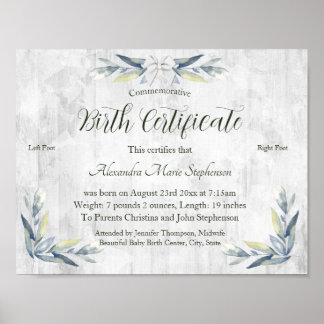 Commemorative New Baby Footprint Birth Certificate Poster