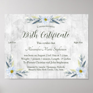 Commemorative New Baby Footprint Birth Certificate Poster