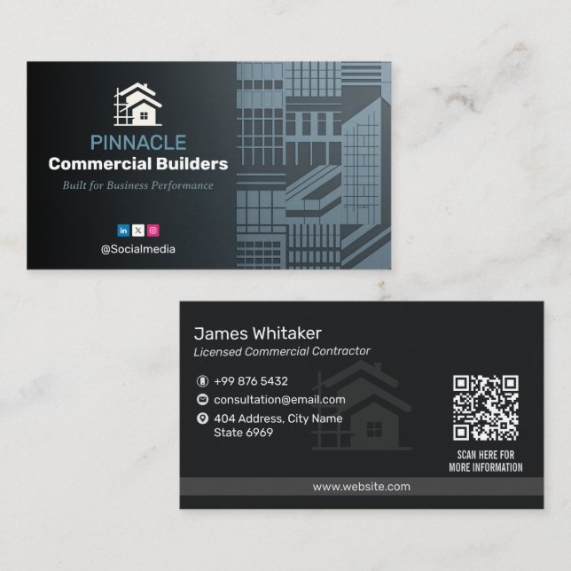 Commercial Building Contractors | Dark Minimalist Business Card (Front/Back)