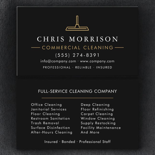 Commercial Cleaning Black Gold Business Card (Creator Uploaded)