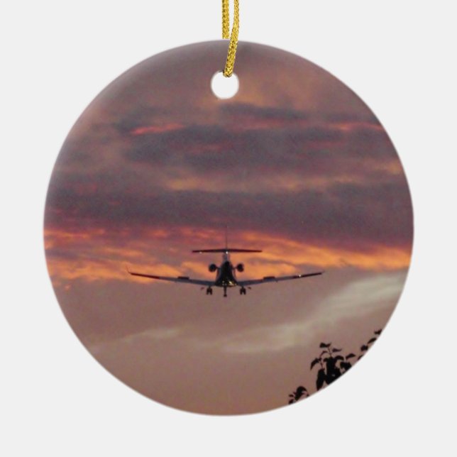 Commercial Jet Landing At Sunset Ceramic Ornament (Front)