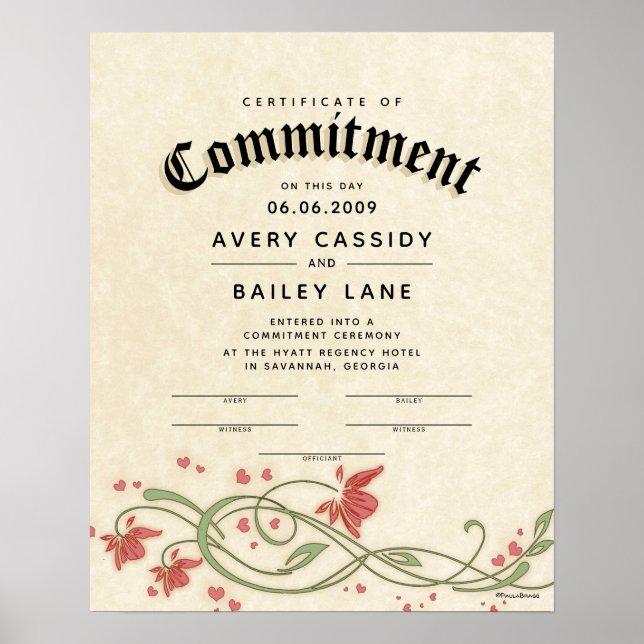 "Commitment Ceremony" Floral Wedding Certificate Poster (Front)
