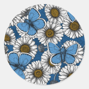 Common blue butterflies and daisy flowers classic round sticker