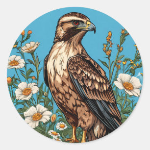 Common buzzard Bird Amid Blooming Flowers Classic Round Sticker