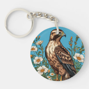 Common buzzard Bird Amid Blooming Flowers Keychain