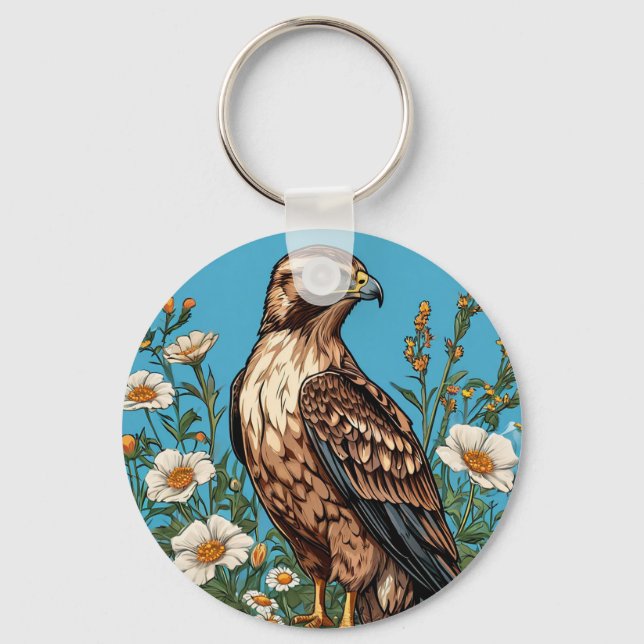 Common buzzard Bird Amid Blooming Flowers Keychain (Front)