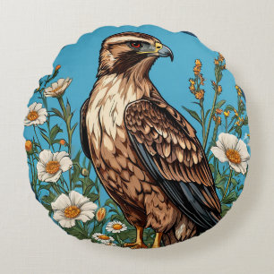 Common buzzard Bird Amid Blooming Flowers Round Pillow