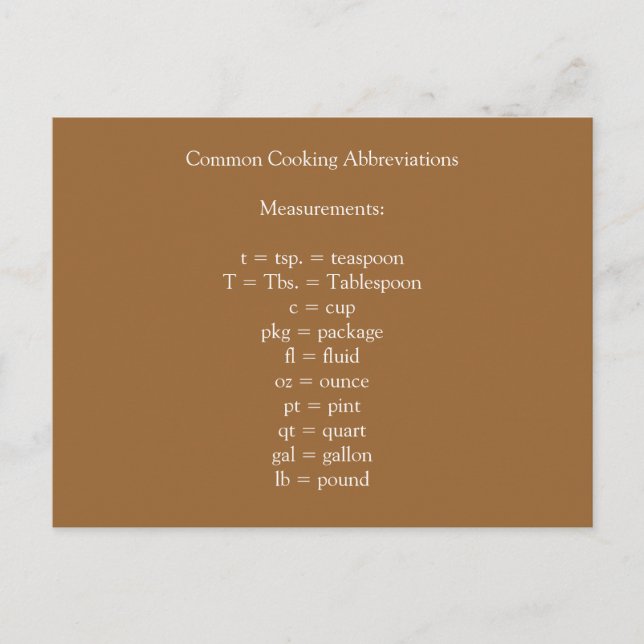 Common Cooking Abbreviations Postcard (Front)