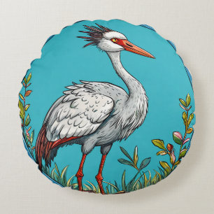 Common crane Bird Amid Blooming Flowers Round Pillow