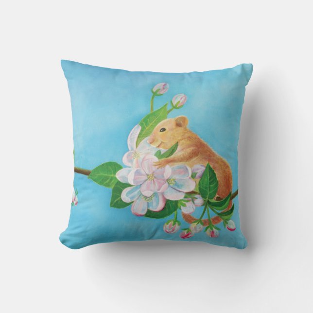 Common Dormouse on blooming branch of apple tree  Throw Pillow (Front)