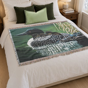 Common Loon Family Lake Wildlife Nature Green Throw Blanket