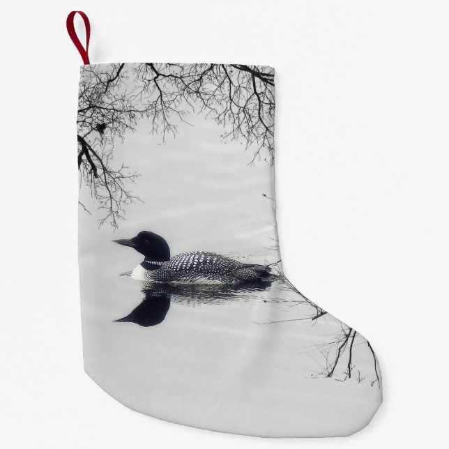 Common Loon Swims in a Northern Lake in Winter Small Christmas Stocking (Front)