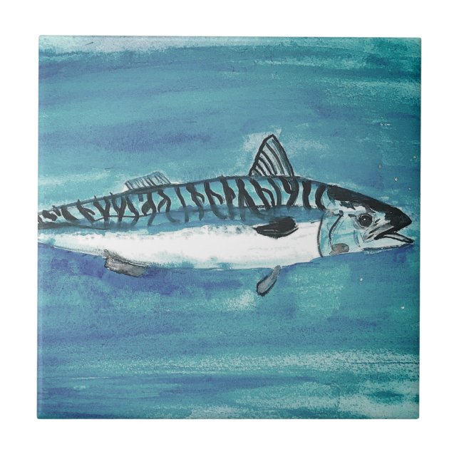 Common Mackerel Fish Watercolor Blue Nautical  Tile (Front)