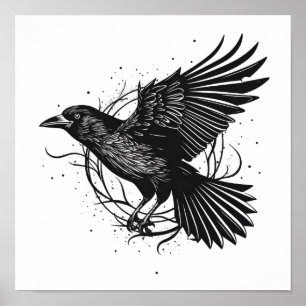 Common Raven Crow Black Mysic Norse Flying Design Poster