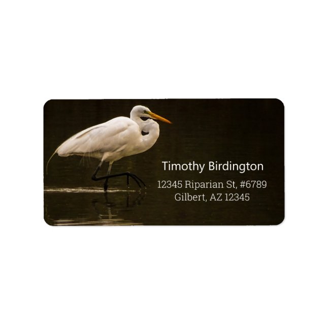 Common White Great Egret Bird Reflection In Water Label (Front)