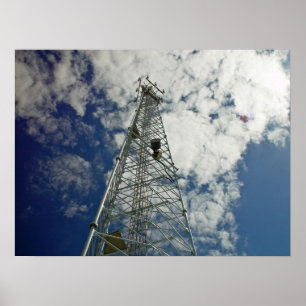Communications tower reaching for the clouds poster