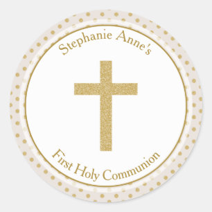 Communion Beige with Gold Polka Dots Classic Round Sticker