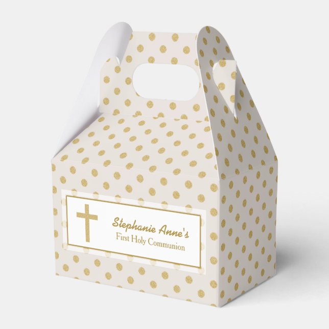 Communion Beige with Gold Polka Dots Favor Box (Front Side)