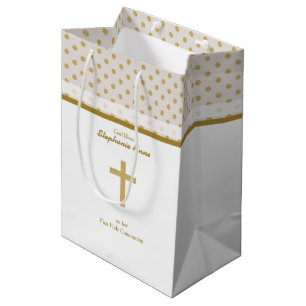 Communion Beige with Gold Polka Dots Medium Gift Bag
